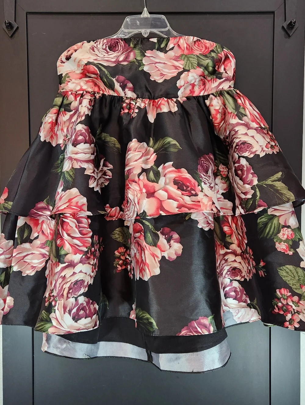 NWT If by the Sea Los Angeles XL Black Pink Rose Floral Taffeta Tiered Dress
